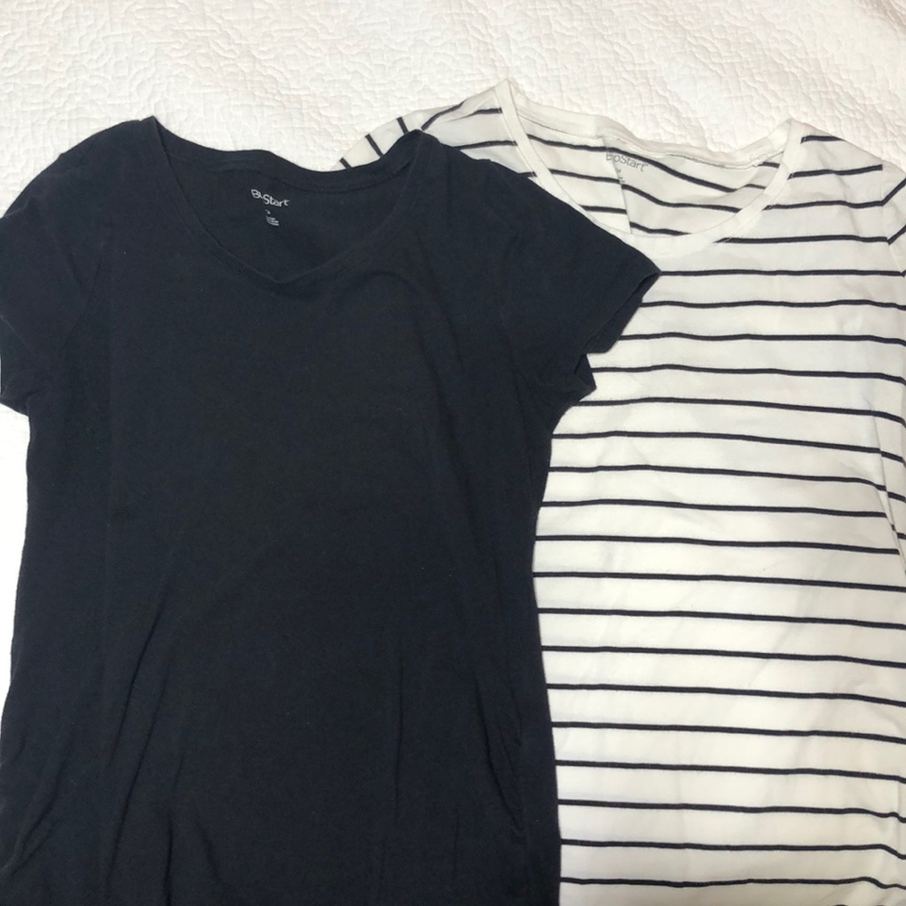 Black and black and white striped maternity shirts